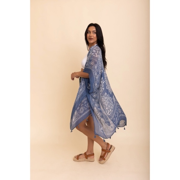 SOLD OUT Navy Blue Mandala Printed Tassel Open Kimono Coverup Casual Wrap One - Picture 3 of 4